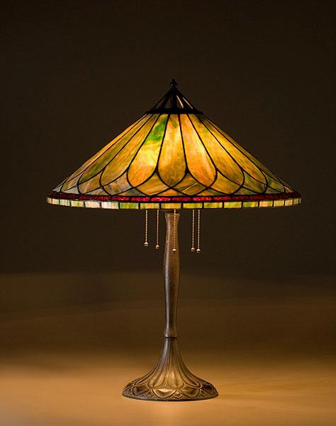 Appraisal: HANDEL LEAF LEADED GLASS TABLE LAMP American ca - Conical