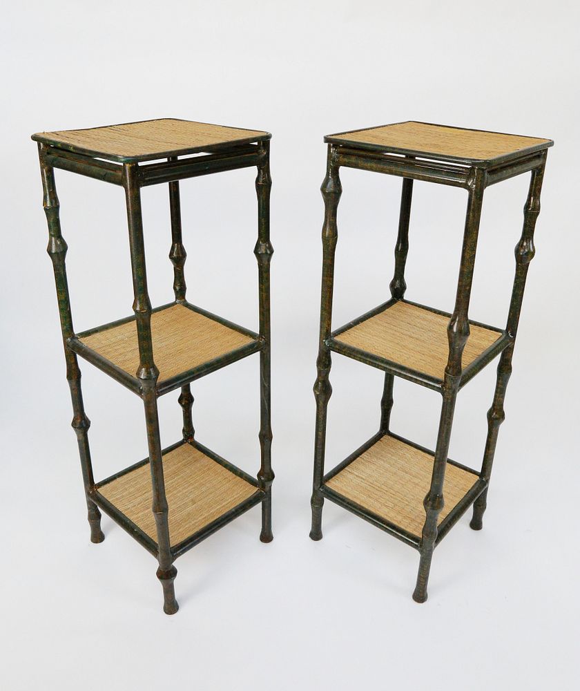 Appraisal: Pair Green Patina Metal and Rattan Etegeres Pair Green Patina