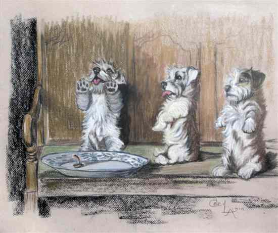 Appraisal: Attributed to Cecil Aldin - pastel Three begging terriers bears