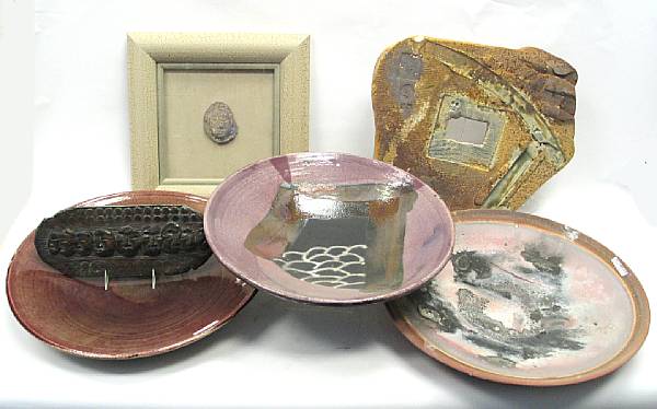 Appraisal: Three art pottery chargers and three slabs Comprising Evans Designs