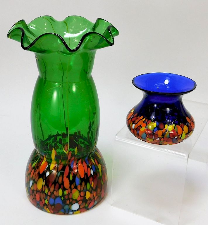 Appraisal: PC Kralik Blue and Green Bohemian Art Glass Vases Bohemia