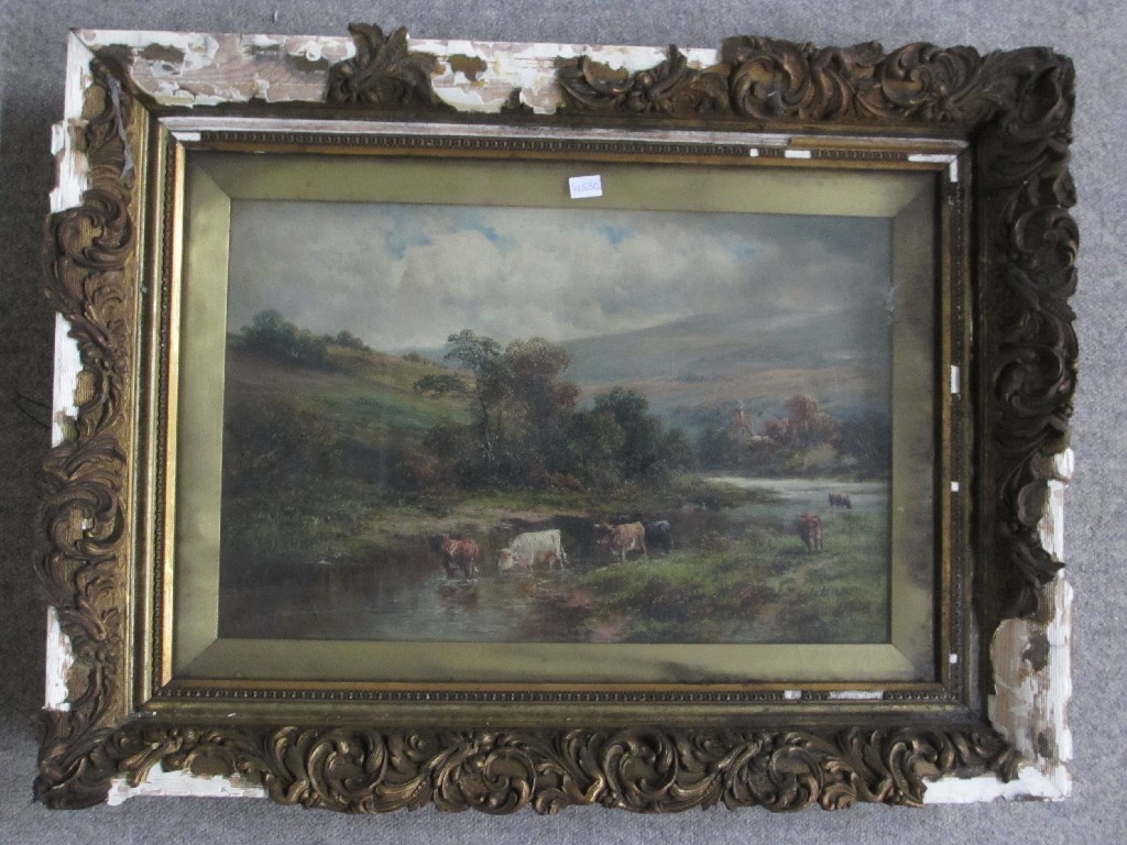 Appraisal: Oil on canvas landscape with cattle indistinctly signed and entitled