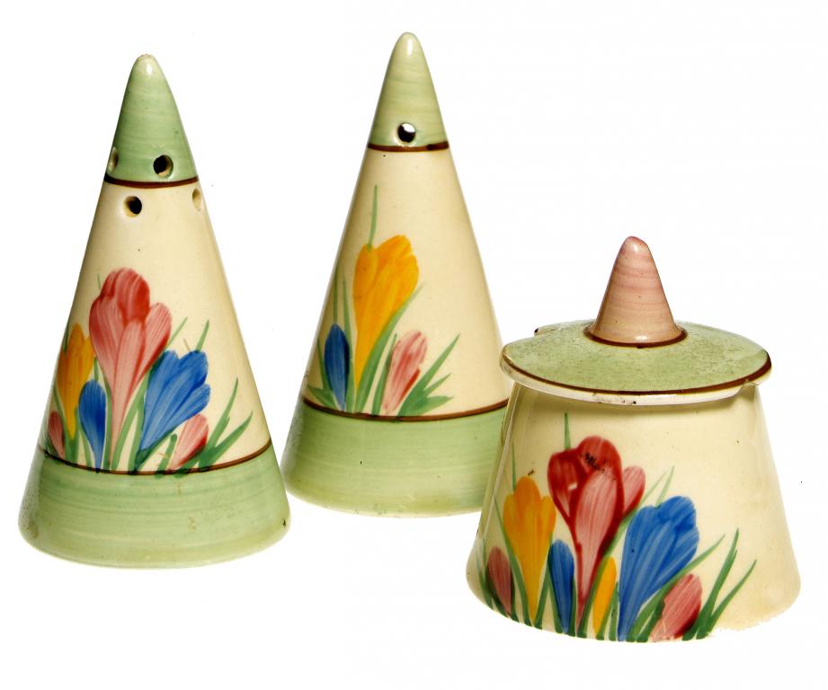 Appraisal: CLARICE CLIFF AN A J WILKINSON SPRING CROCUS CONICAL CONDIMENT