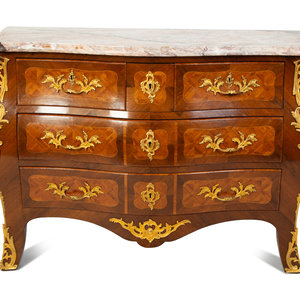 Appraisal: A Louis XV Style Kingwood Parquetry Marble Top Bombe Commode