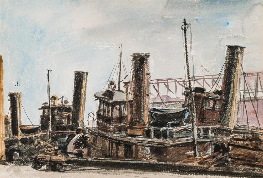 Appraisal: REGINALD MARSH American - Tugboat at Dock watercolor and pencil