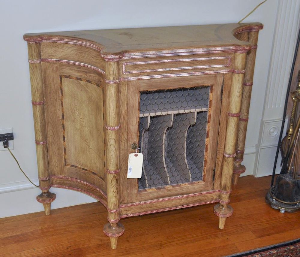 Appraisal: Regency Style Faux Bamboo Cabinet with concave ends and wire