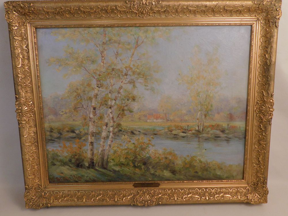 Appraisal: G STERLING OIL PAINTING OF POND Old oil painting on