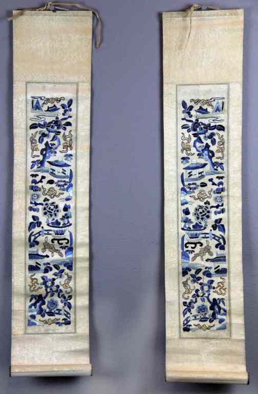 Appraisal: Chinese Silk Embroidery ScrollsTo depict flowers in blue and white