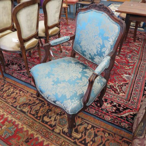 Appraisal: French Carved Arm Chair blue silk upholstery tall