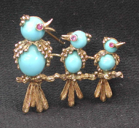 Appraisal: Eighteen-Karat Yellow Gold Turquoise and Ruby Brooch fashioned as a