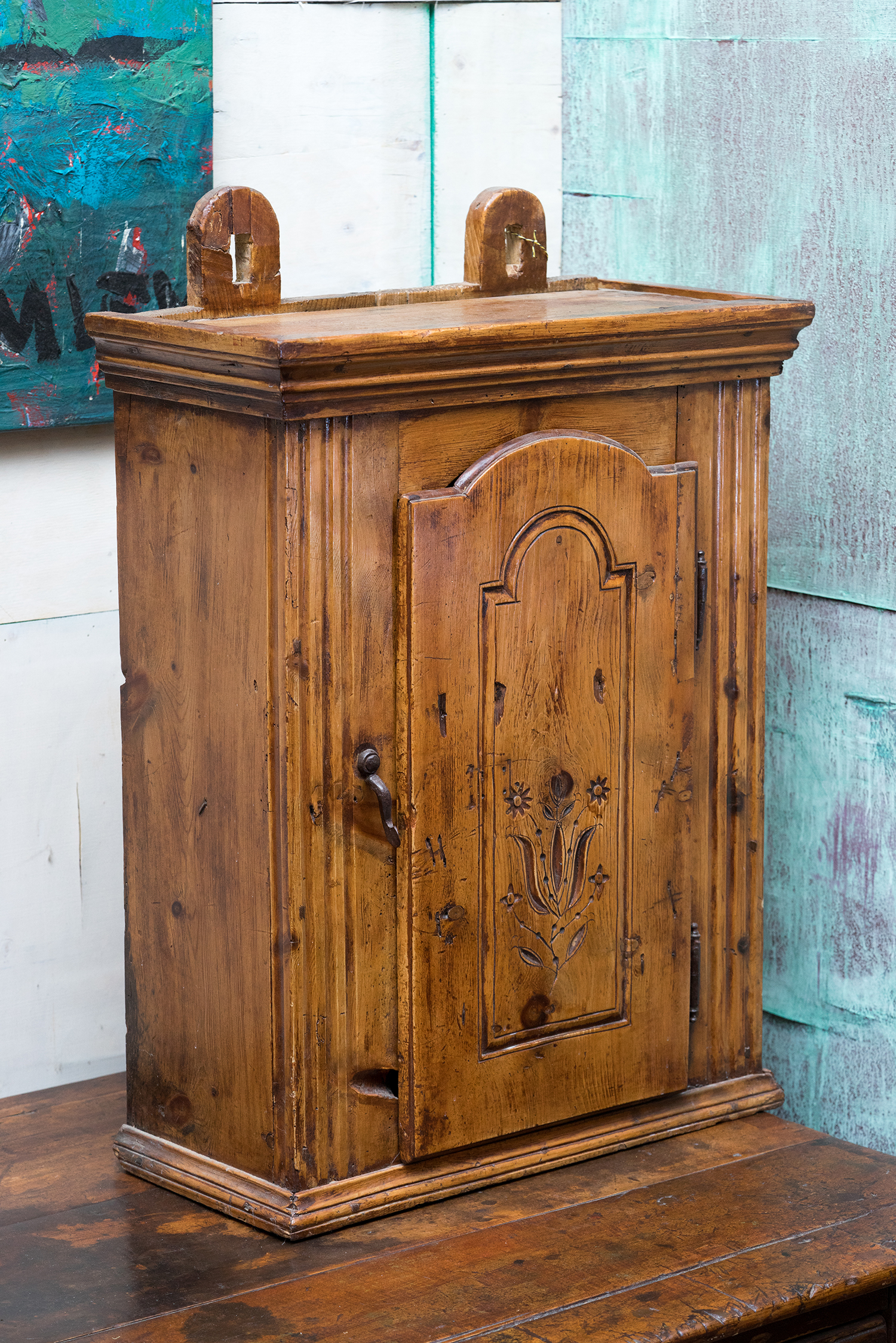 Appraisal: A th CENTURY EUROPEAN HANGING CUPBOARD Baltic pine with floral