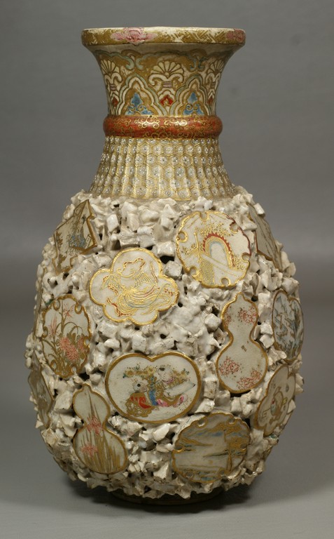 Appraisal: Japanese Satsuma Vase highly unusual with multiple brocaded appliques of