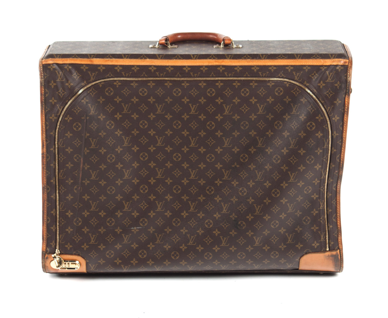 Appraisal: Louis Vuitton suitcase with zipper lock sides leather trim and