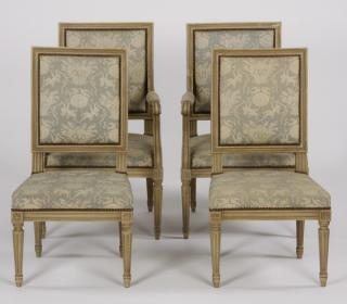 Appraisal: French paint decorated chairs arm side Set of four Louis