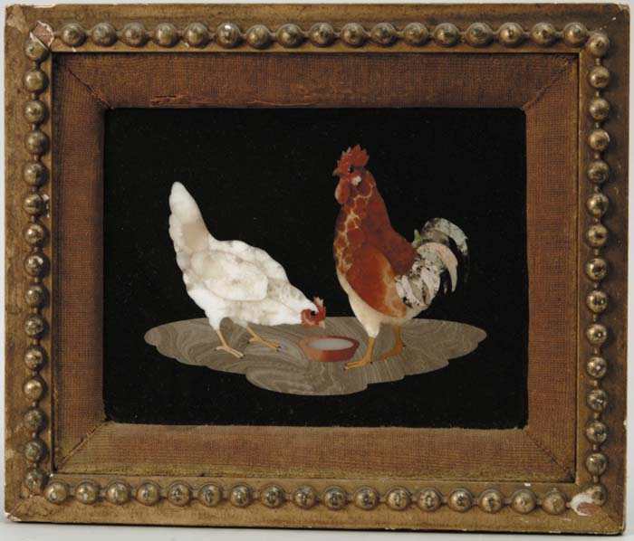 Appraisal: PIETRA DURA FRAMED PLAQUE Wonderful framed plaque depicts two chickens