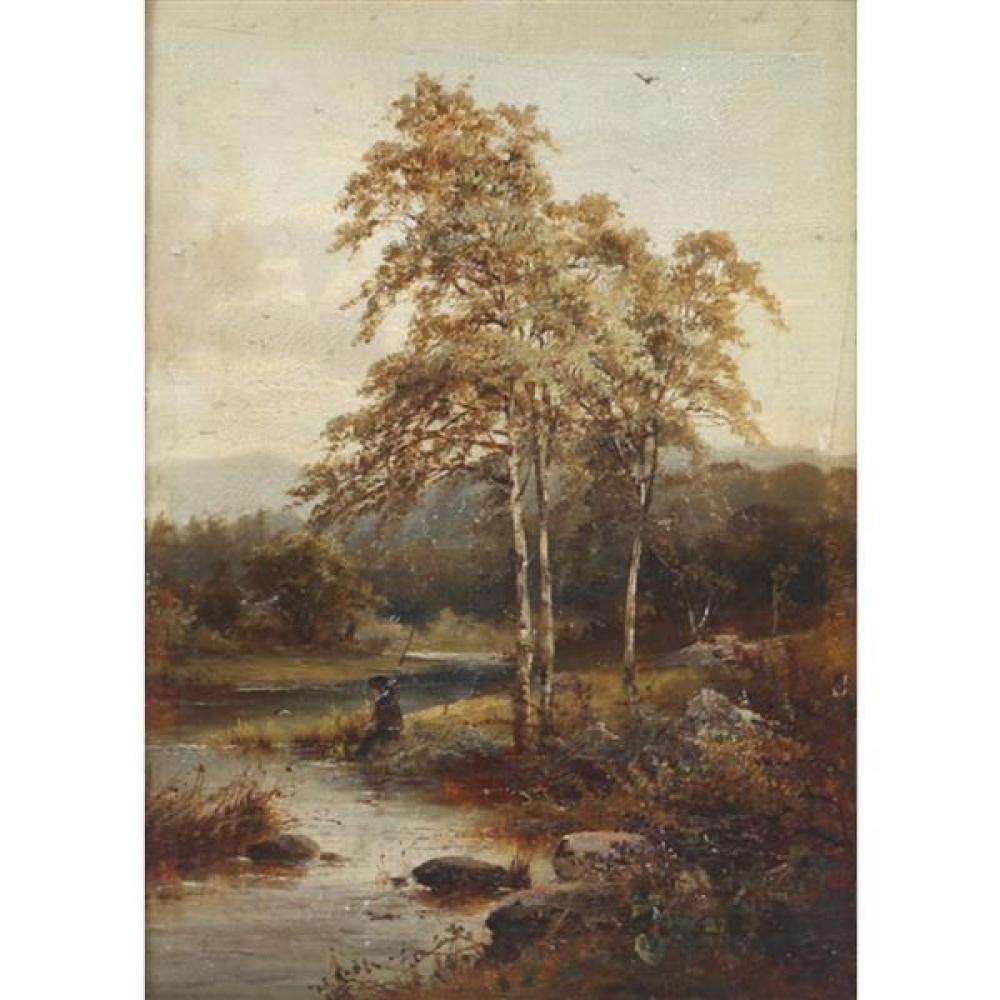 Appraisal: GERMAN SCHOOL TH CENTURY AUTUMN RIVER LANDSCAPE WITH BOY FISHING