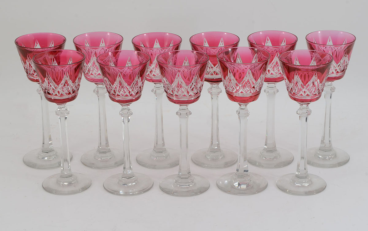 Appraisal: BACCARAT CUT TO CLEAR TALL WINE STEMS Cranberry cut to