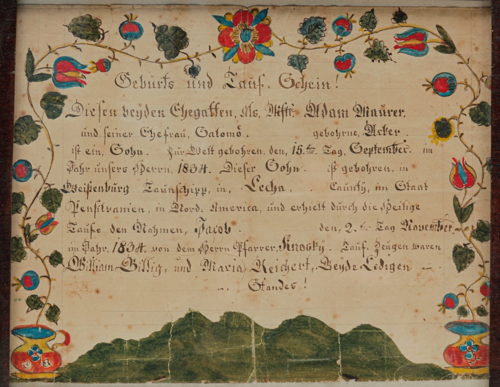 Appraisal: PENNSYLVANIA FRAKTUR Attributed to the Crazy H Scrivener watercolor pen