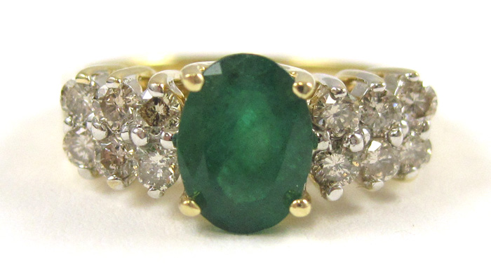 Appraisal: EMERALD DIAMOND AND FOURTEEN KARAT GOLD RING with six round-cut