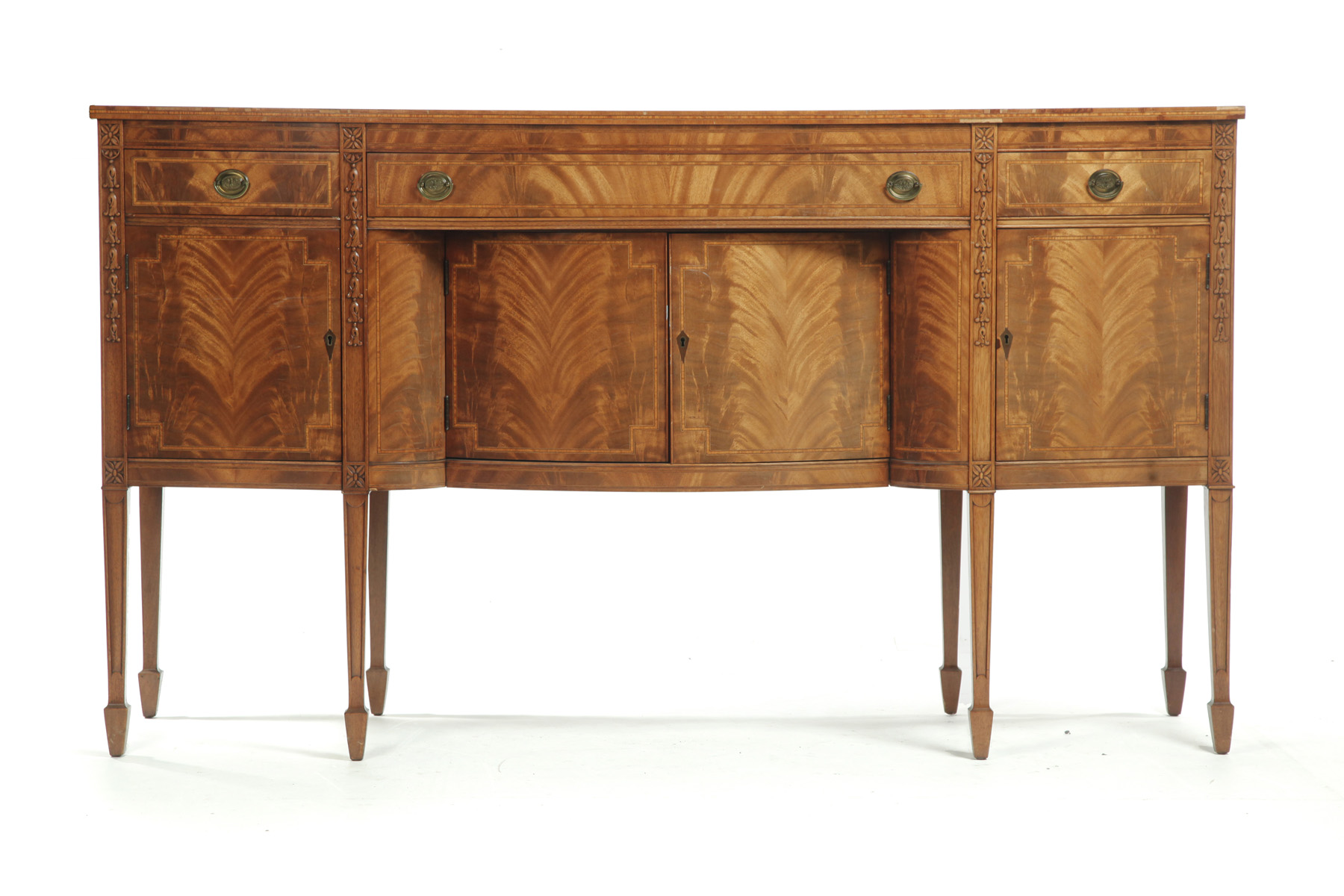 Appraisal: HEPPLEWHITE-STYLE SIDEBOARD American th century Relief carvings dovetailed drawers inlaid