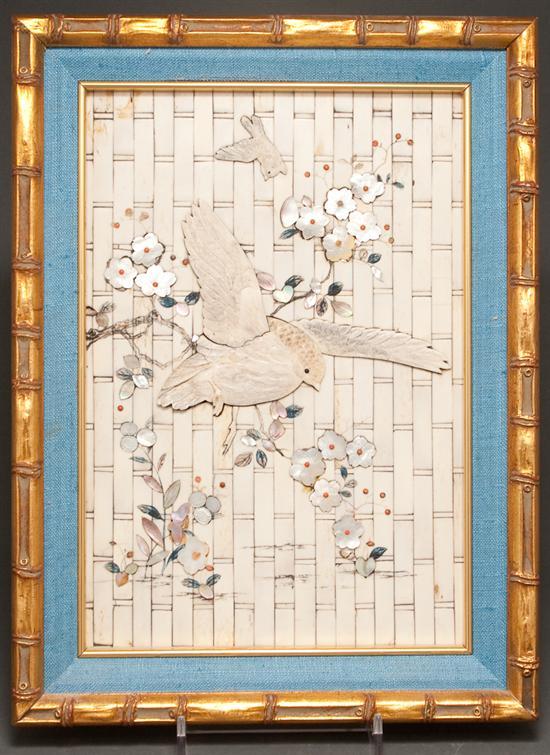 Appraisal: Japanese mother-of-pearl mounted ivory plaque of birds and flowers gilt