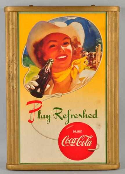 Appraisal: Cardboard Vertical Coca-Cola Poster Description Includes original gold Coca-Cola frame