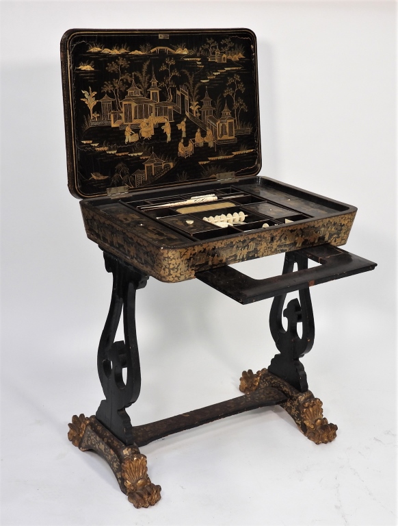 Appraisal: CHINESE EXPORT LACQUER SEWING TABLE China Early th CenturyBlack lacquer