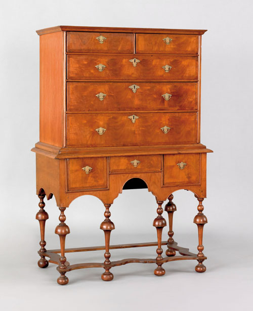 Appraisal: New England William and Mary walnut veneer tall chest in