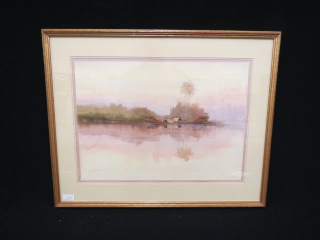 Appraisal: Watercolor and Gouache Asia river scene with boats signed Hong