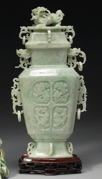 Appraisal: A large green jadeite vase th Century In archaistic gu