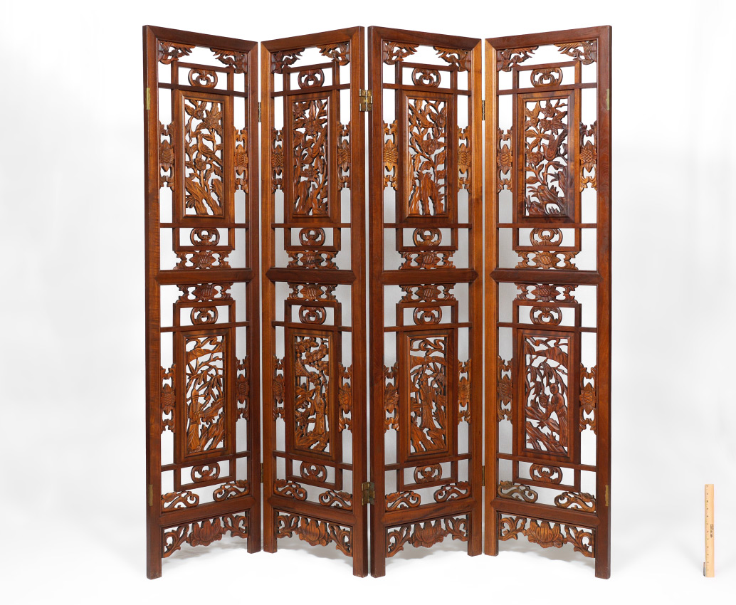 Appraisal: CHINESE CARVED PANEL FLOOR SCREEN Open work carved panels with