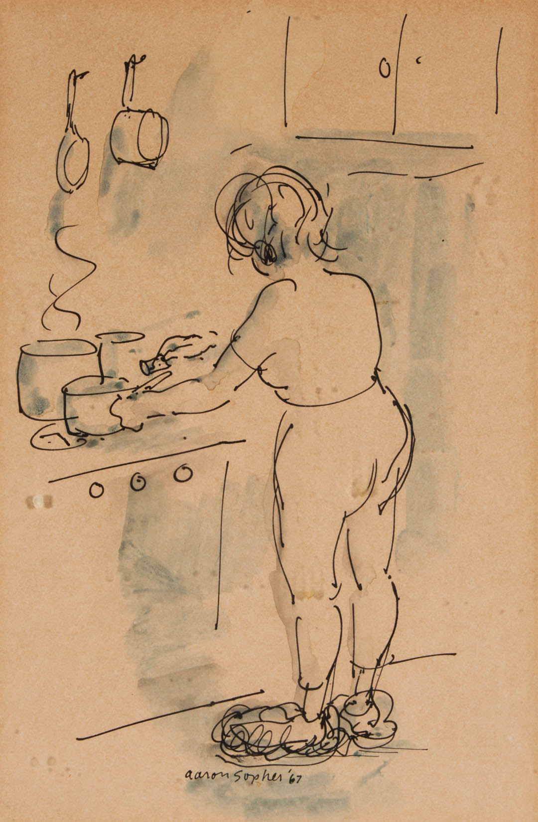 Appraisal: Aaron Sopher Woman Cooking in Kitchen pen ink American -