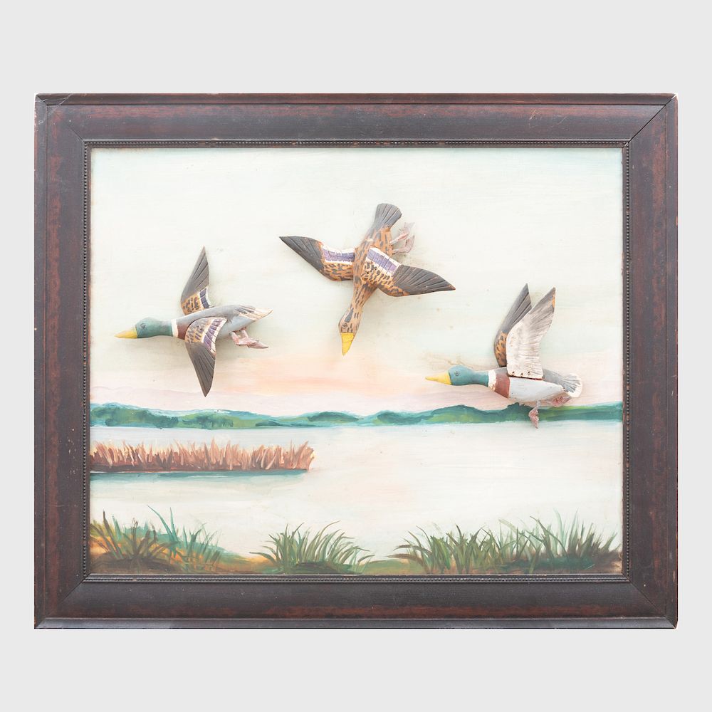 Appraisal: John Hodge b Three Ducks Over a Lake Mixed media