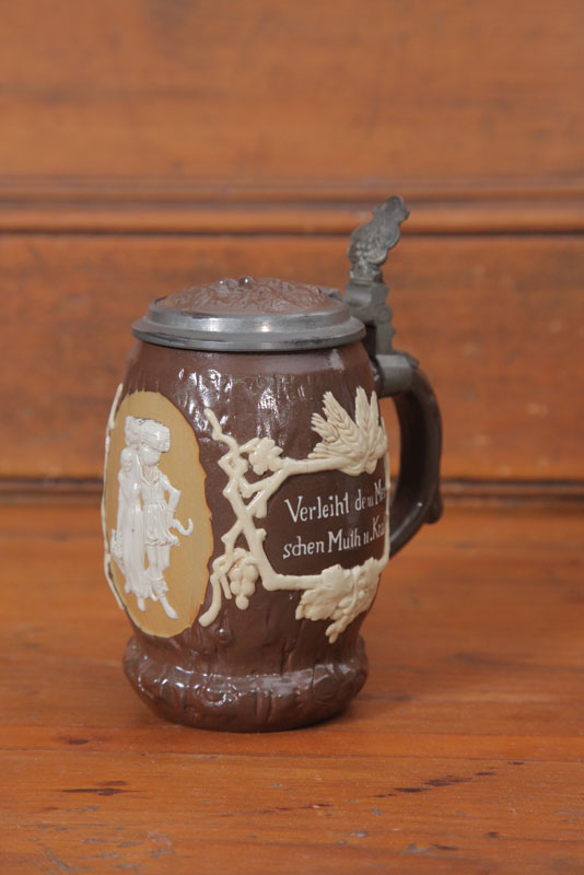 Appraisal: METTLACH STEIN Liter Barrel form with relief decoration etched German