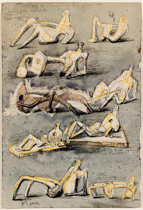 Appraisal: HENRY MOORE British - Nine Figures watercolor pencil and ink