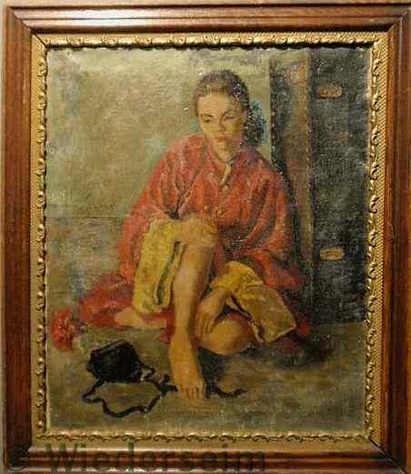 Appraisal: Oil on canvas portrait of a seated woman wearing a