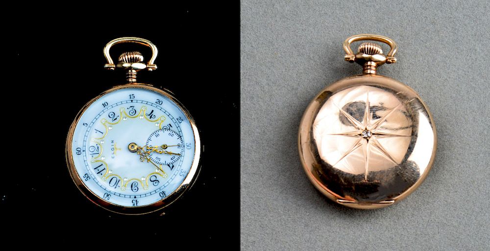 Appraisal: Elgin Gold-Filled Diamond Open-Face Pocket Watch Elgin gold-filled with a