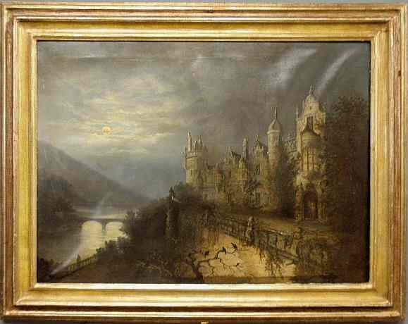 Appraisal: Oil on canvas painting of a moonlit landscape with a