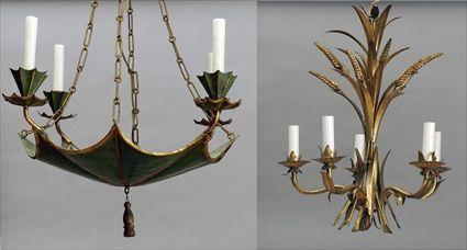 Appraisal: Regency-Style Green Painted and Gilt T leware Four-Light Chandelier Modern