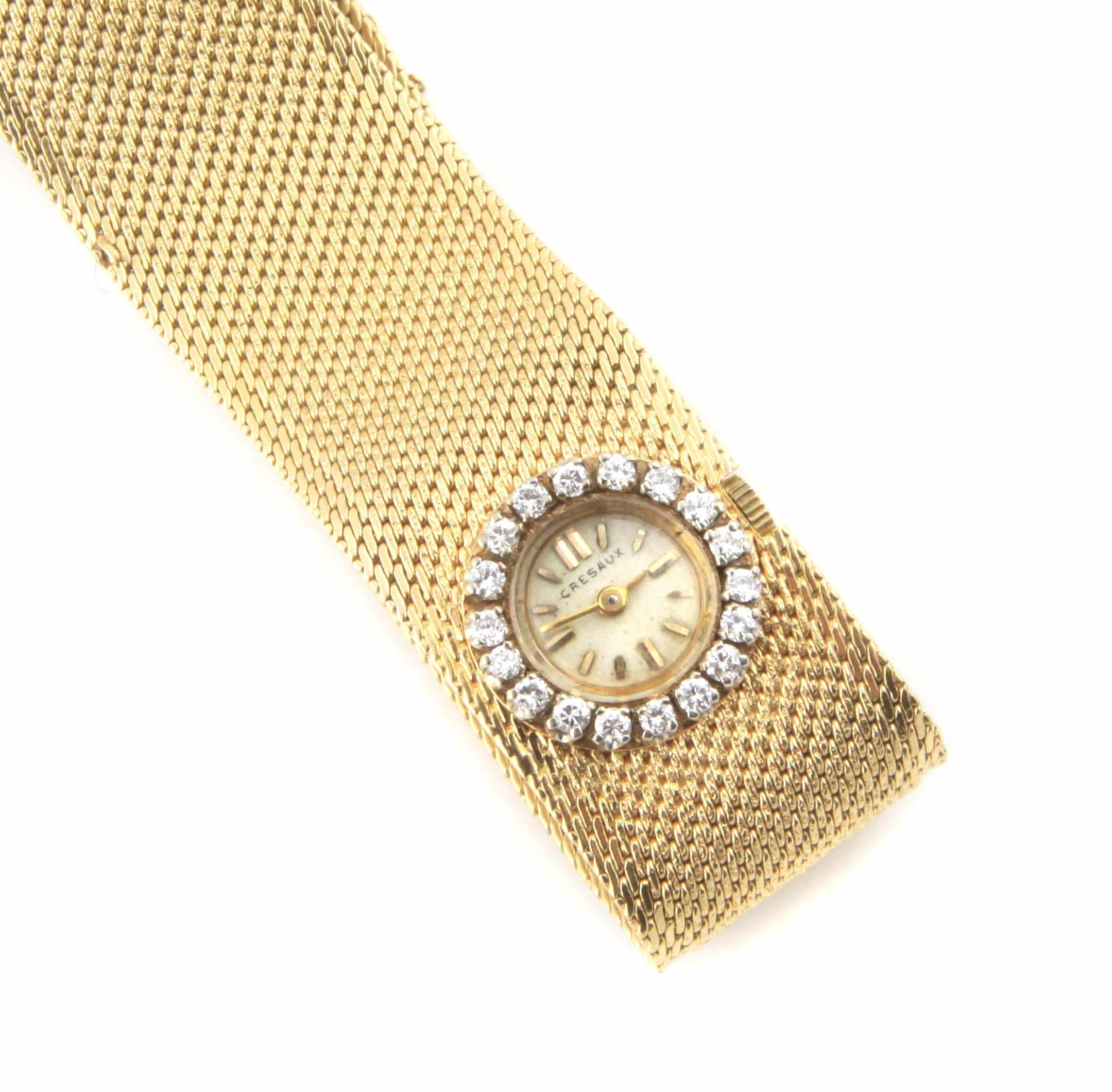 Appraisal: A k gold and diamond mesh bracelet watch Cresaux jwl