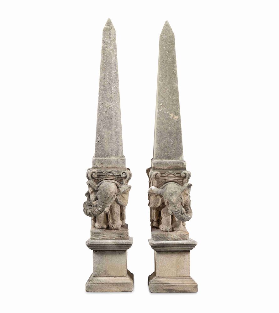 Appraisal: A Pair of Large Cast Stone Elephant Obelisks A Pair