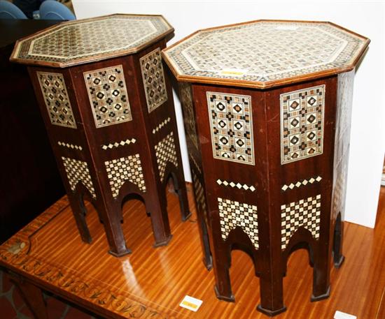 Appraisal: Pair Mideastern inlaid mahogany side tables late th century octagonal