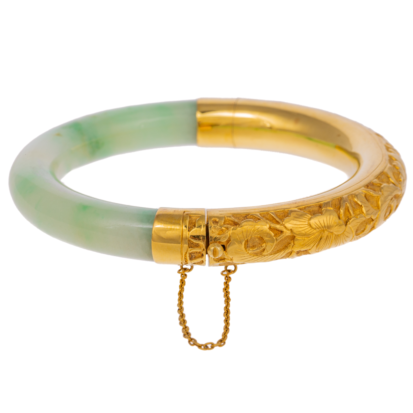 Appraisal: A VINTAGE CHINESE JADE BANGLE IN K K yellow gold