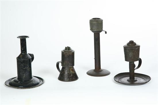 Appraisal: FOUR TIN LAMPS Tole lamp with stenciled label Drummond's Patent