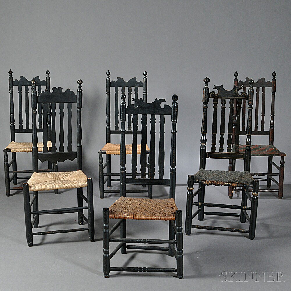 Appraisal: Assembled Set of Six Bannister-back Black-painted Side Chairs New England