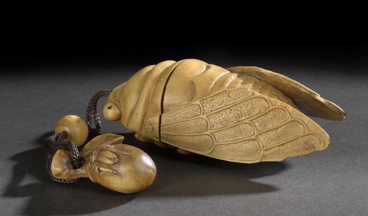 Appraisal: Japanese Carved Wood Inro Netsuke and Ojimi the single-compartment inro