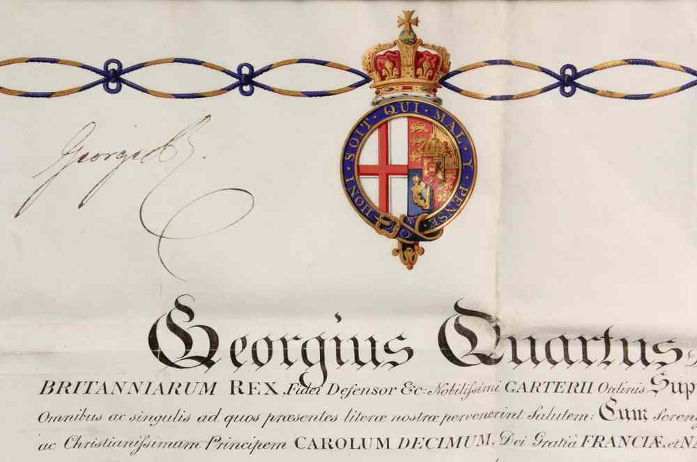 Appraisal: DOCUMENT- KING GEORGE IV BESTOWS THE ORDER OF THE GARTER