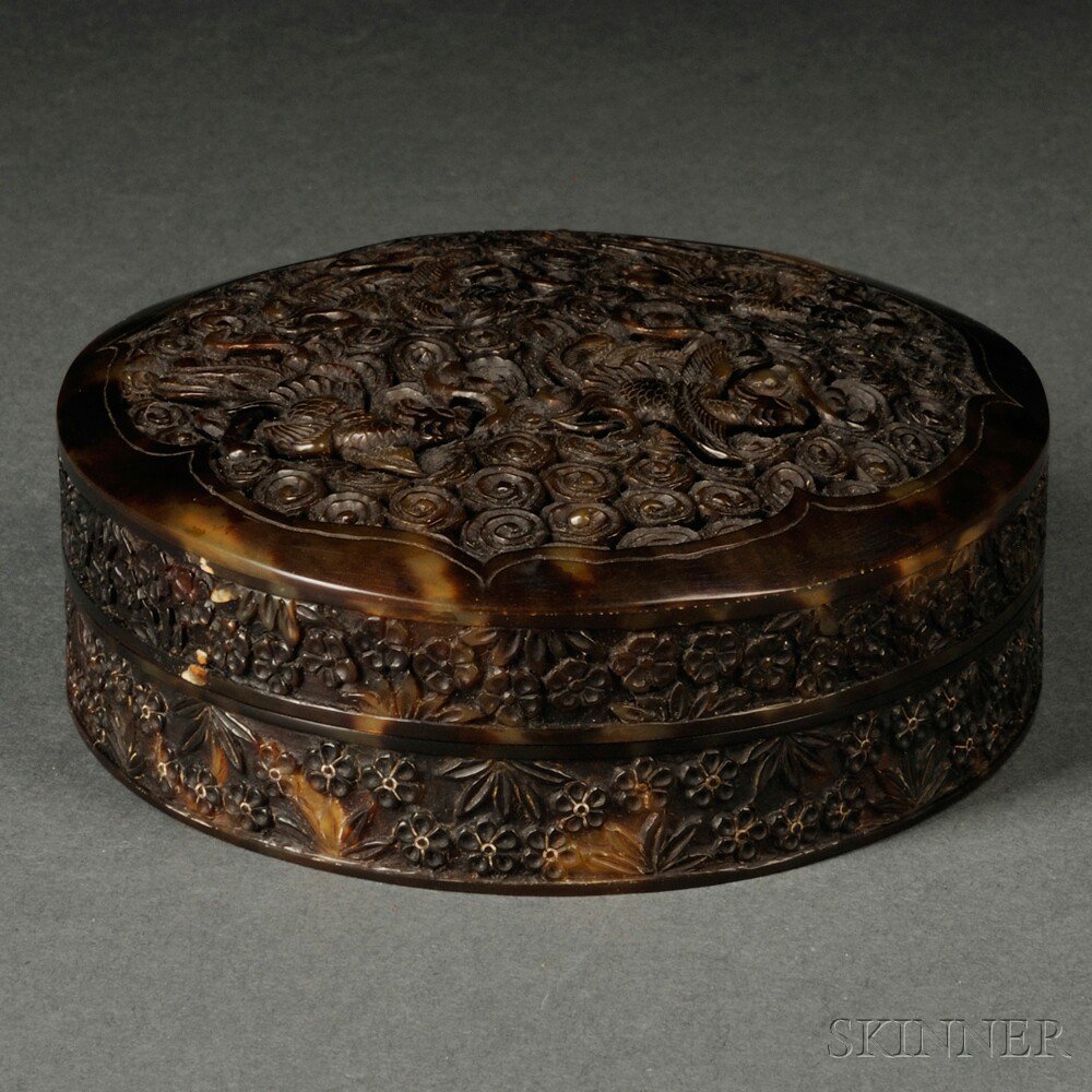 Appraisal: Tortoiseshell Covered Box China th century circular the cover with