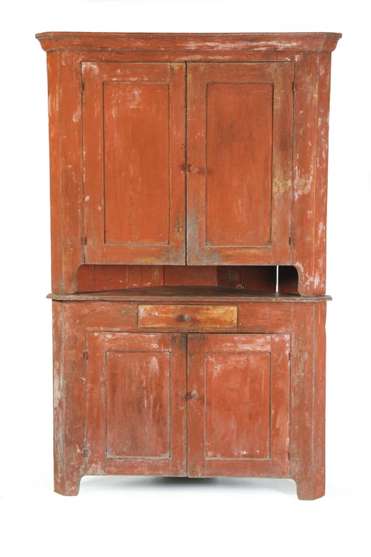 Appraisal: COUNTRY CORNER CUPBOARD American th century poplar Two-piece with old