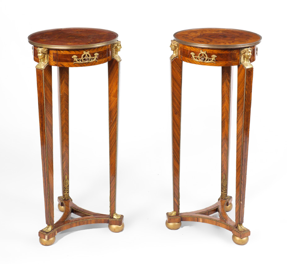 Appraisal: PAIR FRENCH EMPIRE STYLE MARQUETRY PEDESTALS Floral marquetry and parquetry